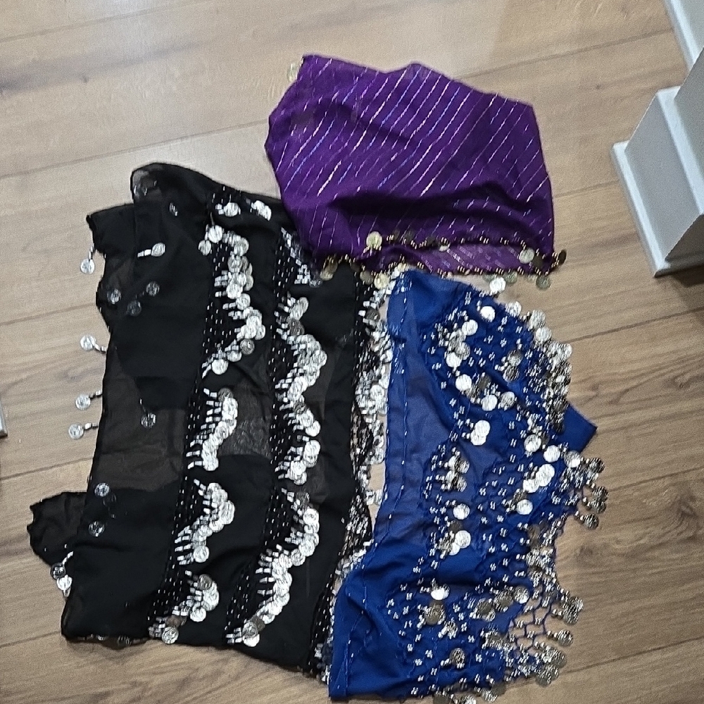 Colorful Belly Dance Hip Scarves with Coins, Set Of 3